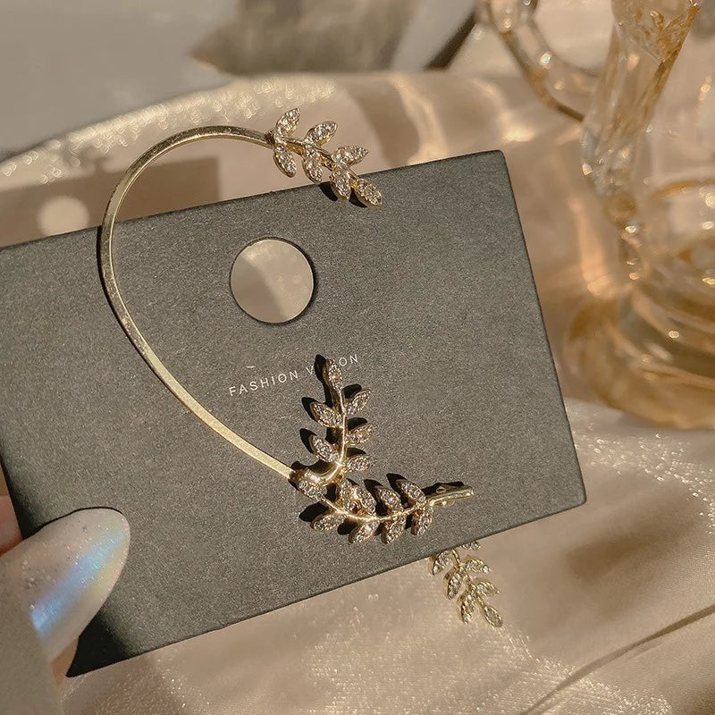 2022 Trendy Metal Crystal Leaf Ear Clips Without Piercing Earrings Clips For Women Fashion Ear Cuff Wedding Jewelry Brincos Gift