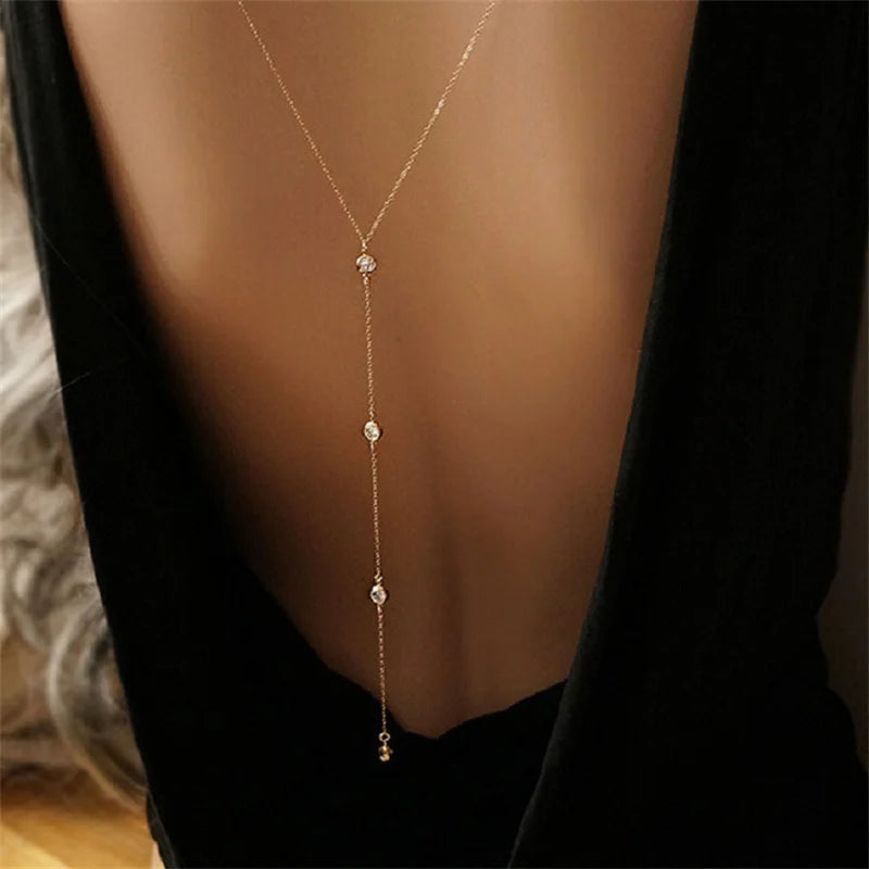 New Crystal Zircon Pearl Back Drop Chain Necklace For Women Elegant Long Backless Tassel Necklace Wedding Beach Party Jewelry